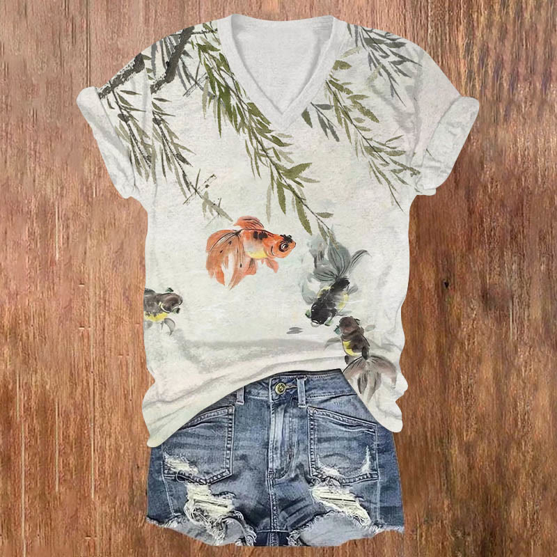 Vintage Tree Leaf & Goldfish Pond Art Print V-neck T-shirt - Light Gray - US32-34(5XL) - image 1