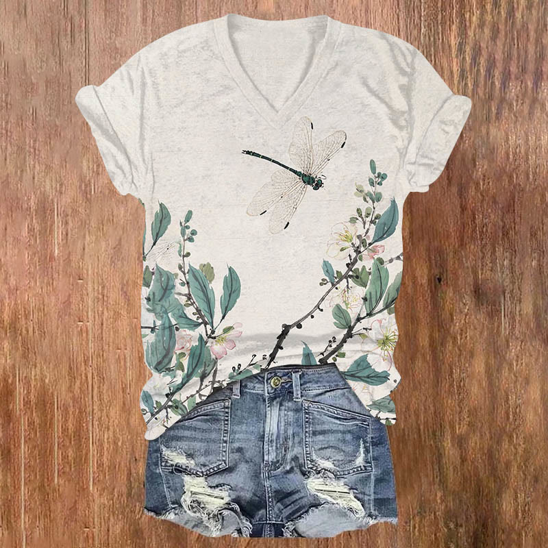 Vintage Spring Flowers & Dragonfly Art Print V-neck T-shirt - Beige - US32-34(5XL) - image 1