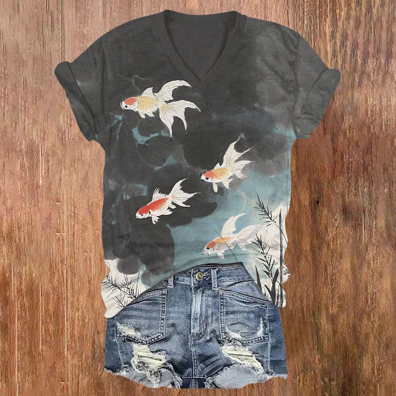 Vintage Ink Splash Pond & Goldfish Art Print V-neck T-shirt - Black - US32-34(5XL) - image 1