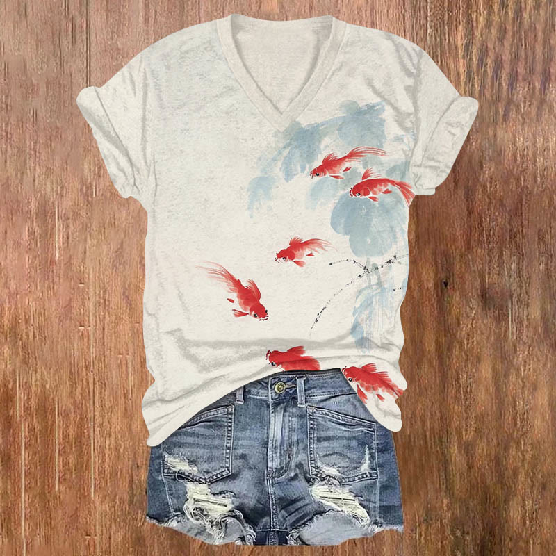 Vintage Red Goldfish Pond Art Print V-neck T-shirt - Beige - US32-34(5XL) - image 1