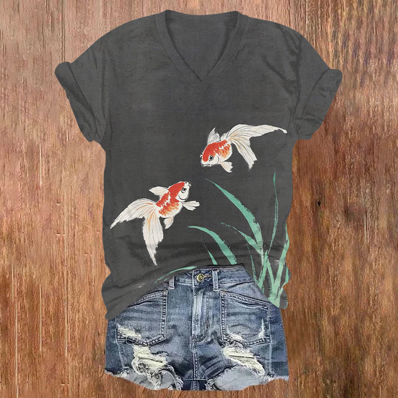 Vintage Loving Couple Goldfish Art Print V-neck T-shirt - Black - US32-34(5XL) - image 1