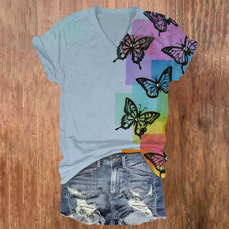 Rainbow Geometric Butterfly Print V-neck T-shirt - Blue - US32-34(5XL) - image 1