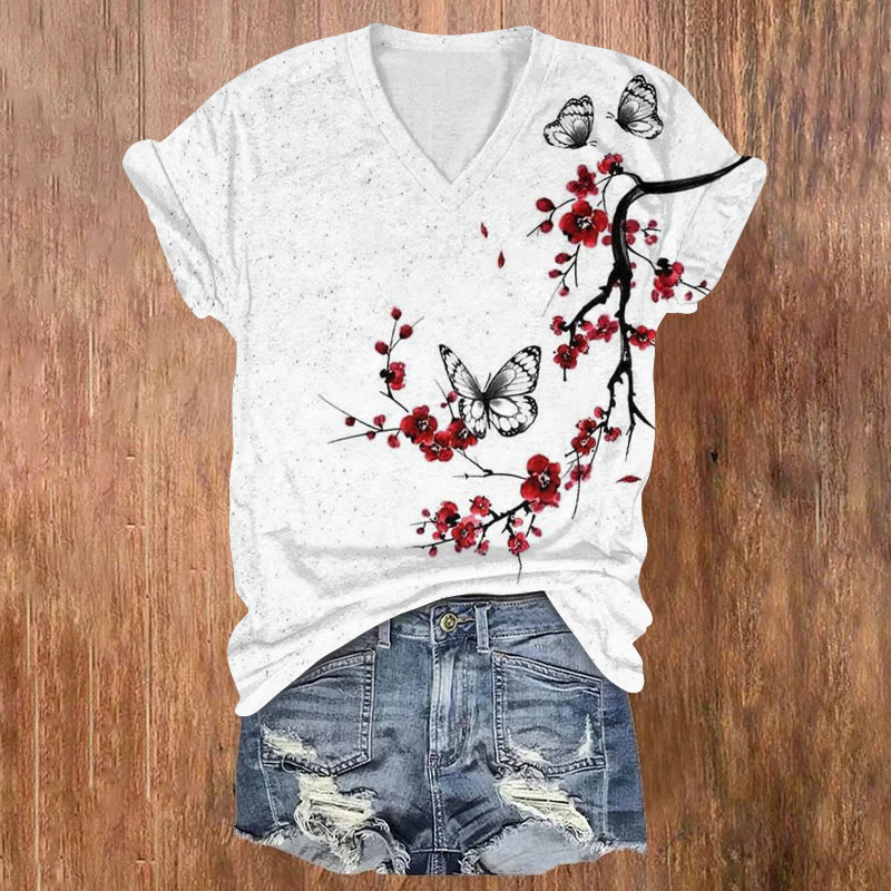 Japanese Style Plum Blossom Butterfly Print V-neck T-shirt - White - US32-34(5XL) - image 1