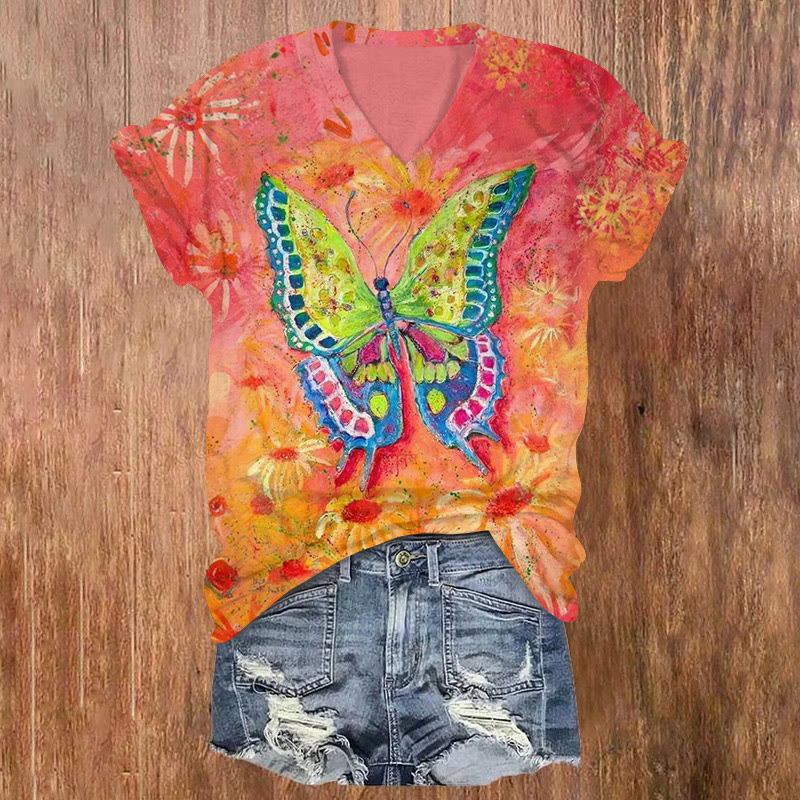 Oil Painting Floral Rainbow Butterfly Print V-neck T-shirt - Red - US32-34(5XL) - image 1