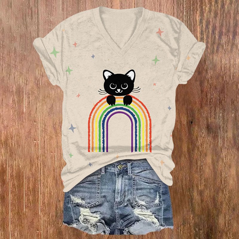 Lovely Rainbow Black Kitten Art T-shirt - Apricot - US32-34(5XL) - image 1