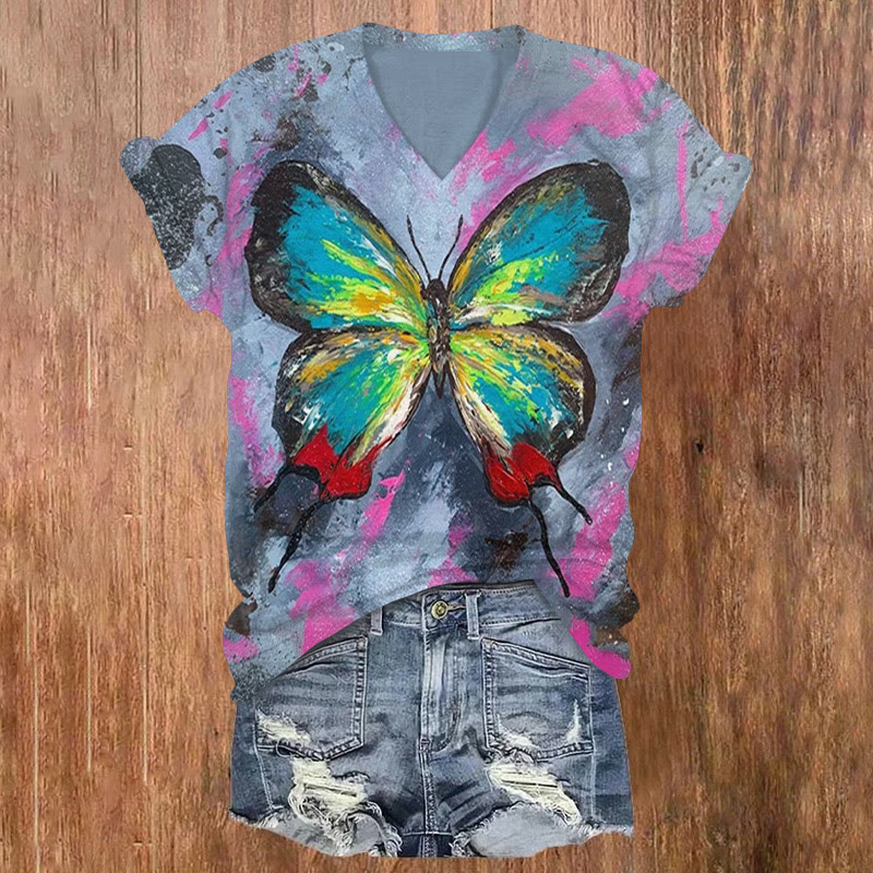 Contrast Color Oil Painting Butterfly Print V-neck T-shirt - Lake Blue - US32-34(5XL) - image 1