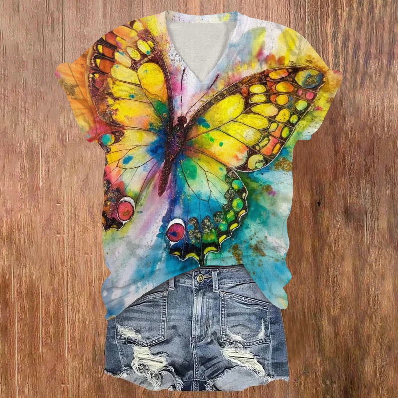 Contrast Watercolor Butterfly Print V-neck T-shirt - Yellow - US32-34(5XL) - image 1