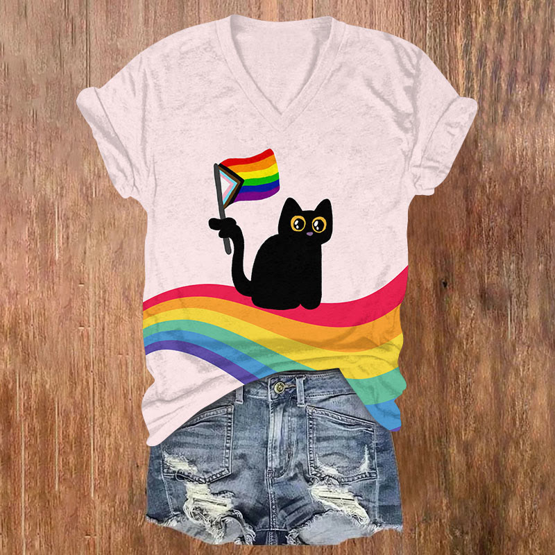 Creative Black Cat Tail Holding Rainbow Flag Art T-shirt - Pink - US32-34(5XL) - image 1