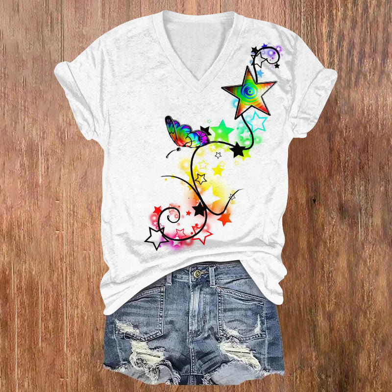 Rainbow Butterfly Star Print V-neck T-shirt - White - US32-34(5XL) - image 1