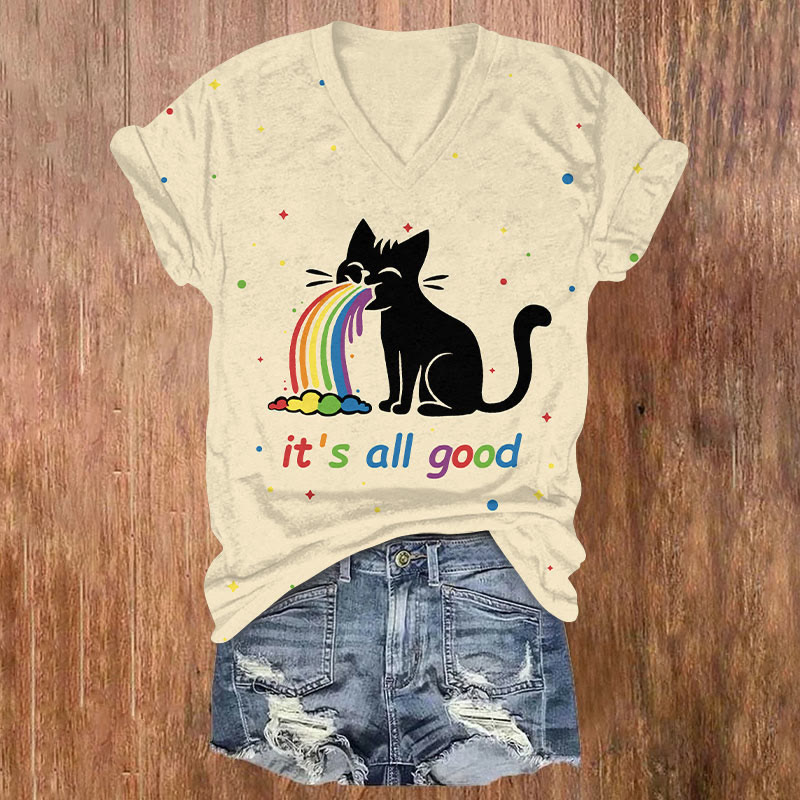 Creative Black Cat Puking Rainbow Art T-shirt - Yellow - US32-34(5XL) - image 1