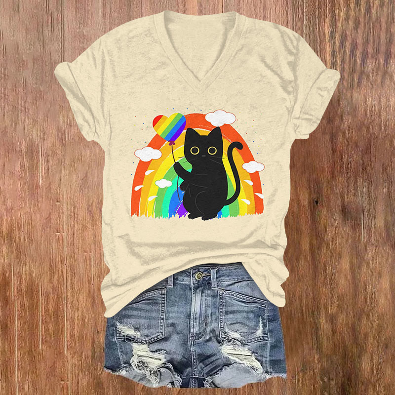 Funny Black Cat Holding Rainbow Heart Balloon Art T-shirt - Yellow - US32-34(5XL) - image 1