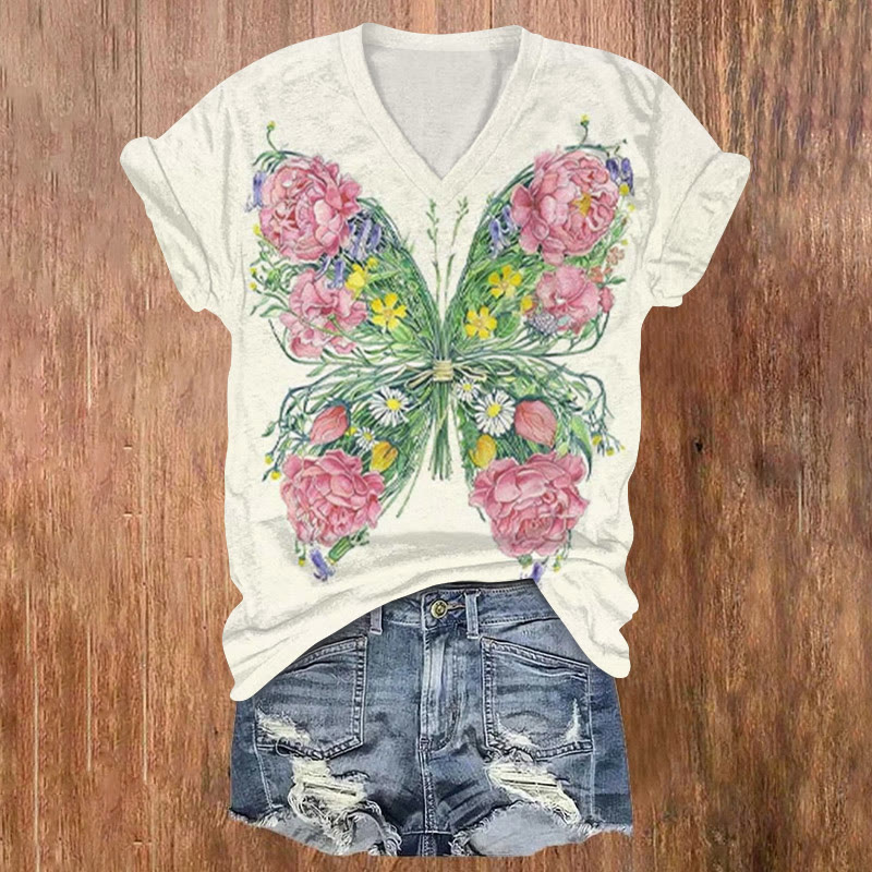 Floral Butterfly Print V-neck T-shirt - Pink - US32-34(5XL) - image 1