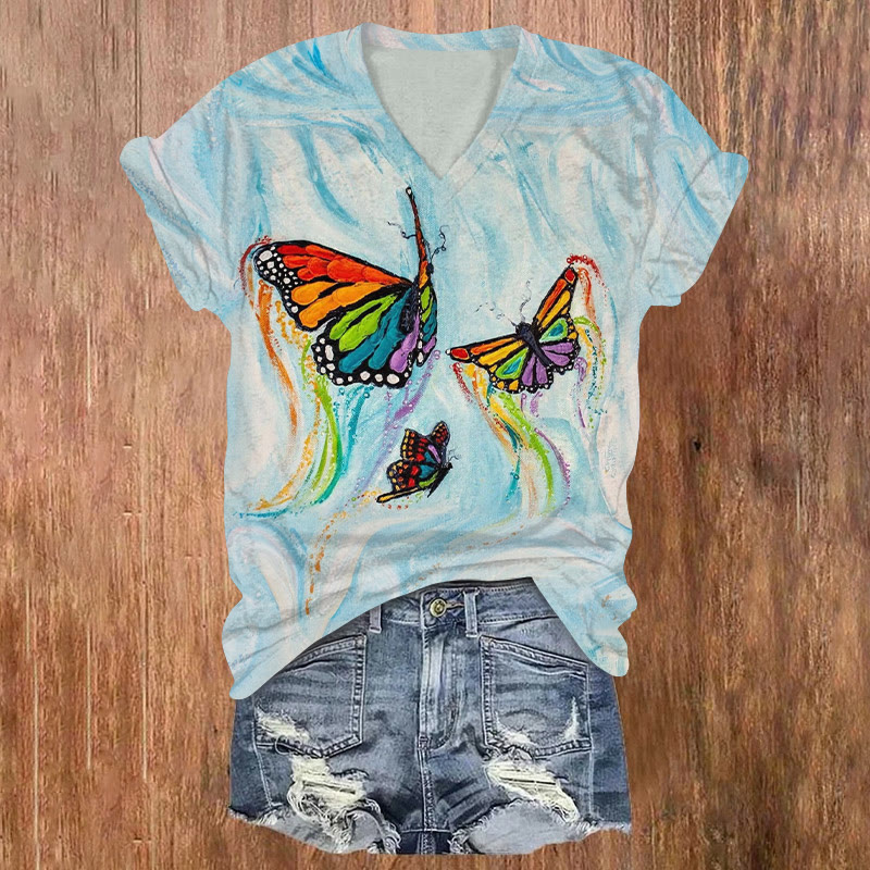 Watercolor Rainbow Butterfly Print V-neck T-shirt - Blue - US32-34(5XL) - image 1