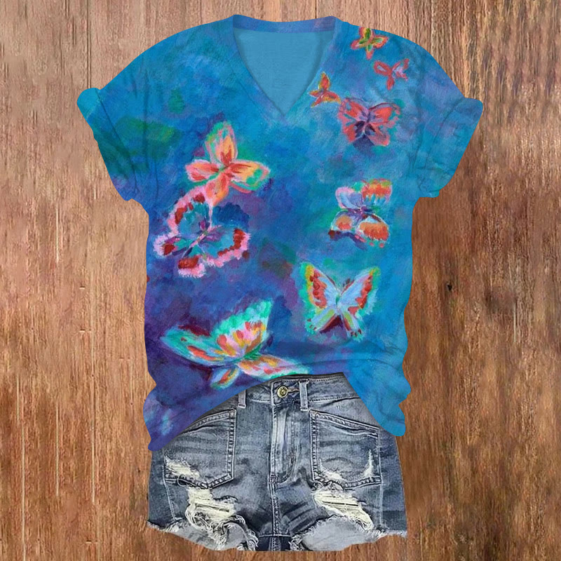 Butterfly Flying Far Away Oil Painting Print V-neck T-shirt - Blue - US32-34(5XL) - image 1