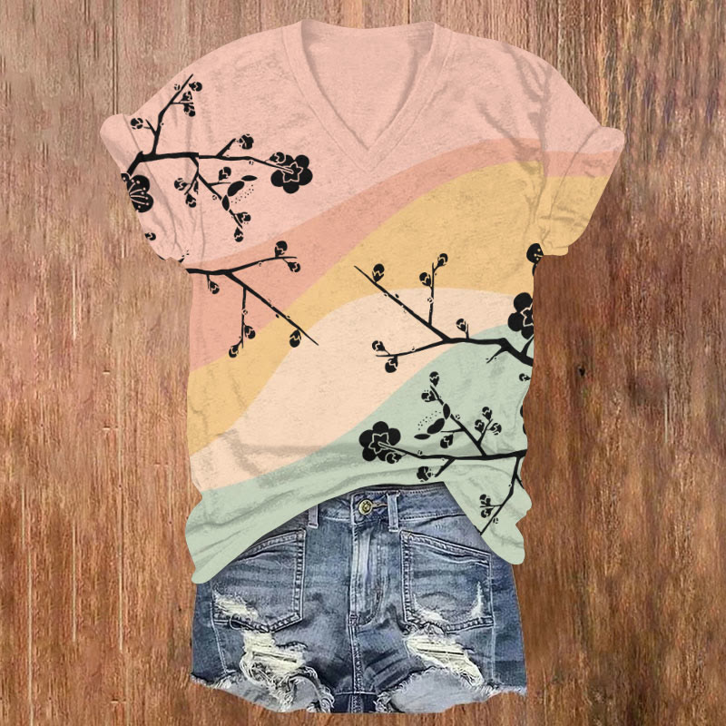 Ink Floral Rainbow Background Art Print V-neck T-shirt - Pink - US32-34(5XL) - image 1