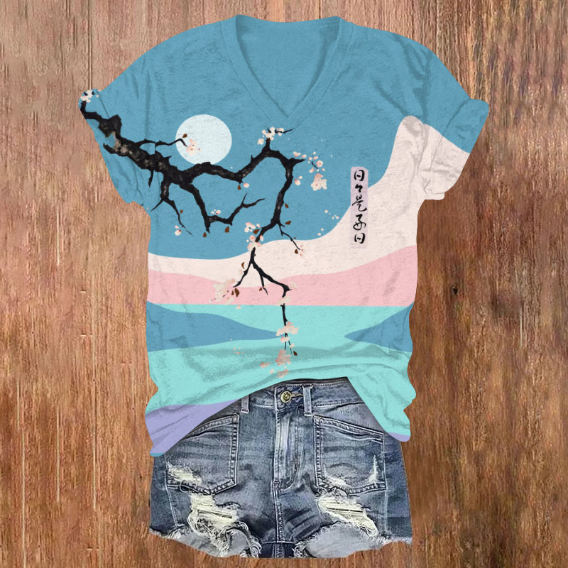 Rainbow Fuji Mountain & Floral Art Print V-neck T-shirt - Blue - US32-34(5XL) - image 1