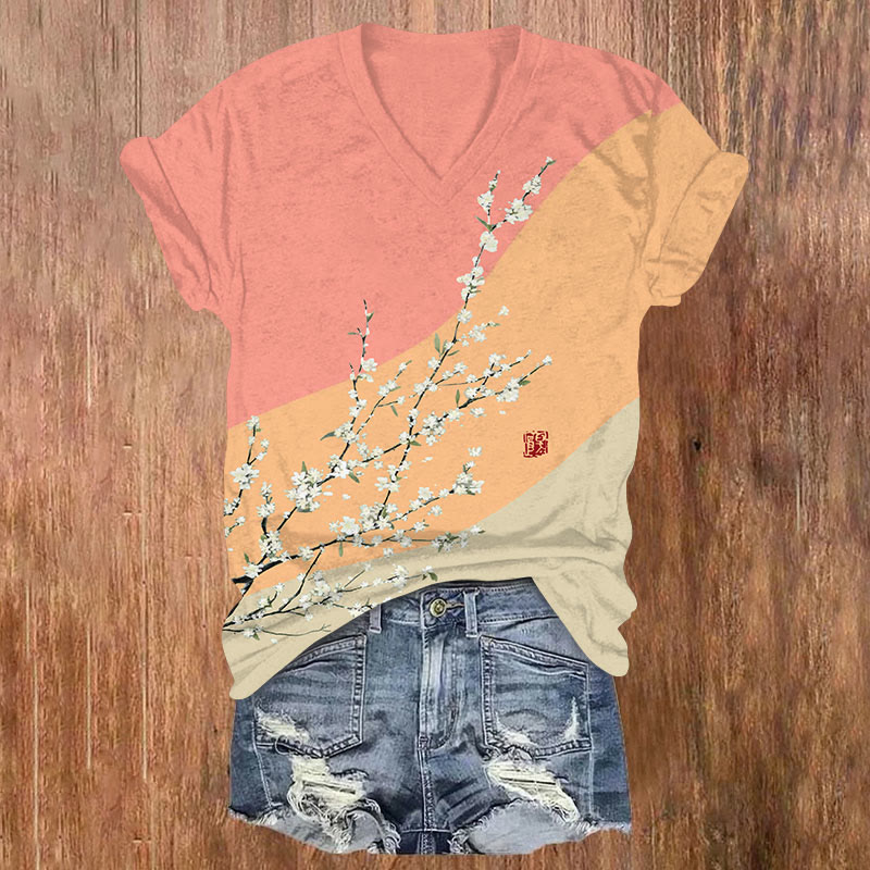 Japanese Vintage White Sakura Art Print V-neck T-shirt - Pink - US32-34(5XL) - image 1