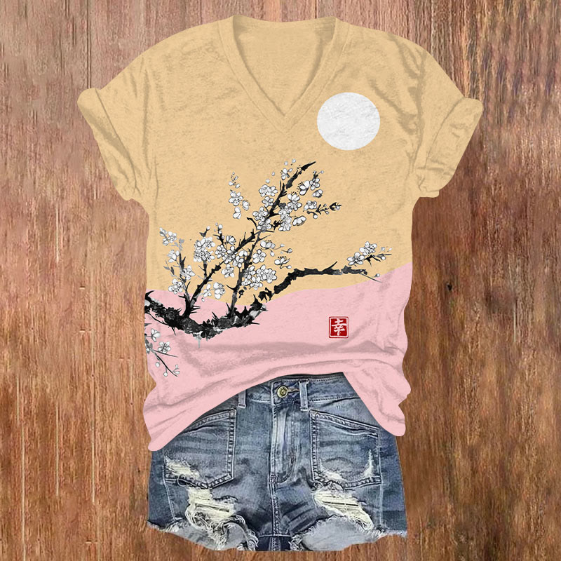 Japanese Vintage Sakura & Sunset Art Print V-neck T-shirt - Yellow - US32-34(5XL) - image 1