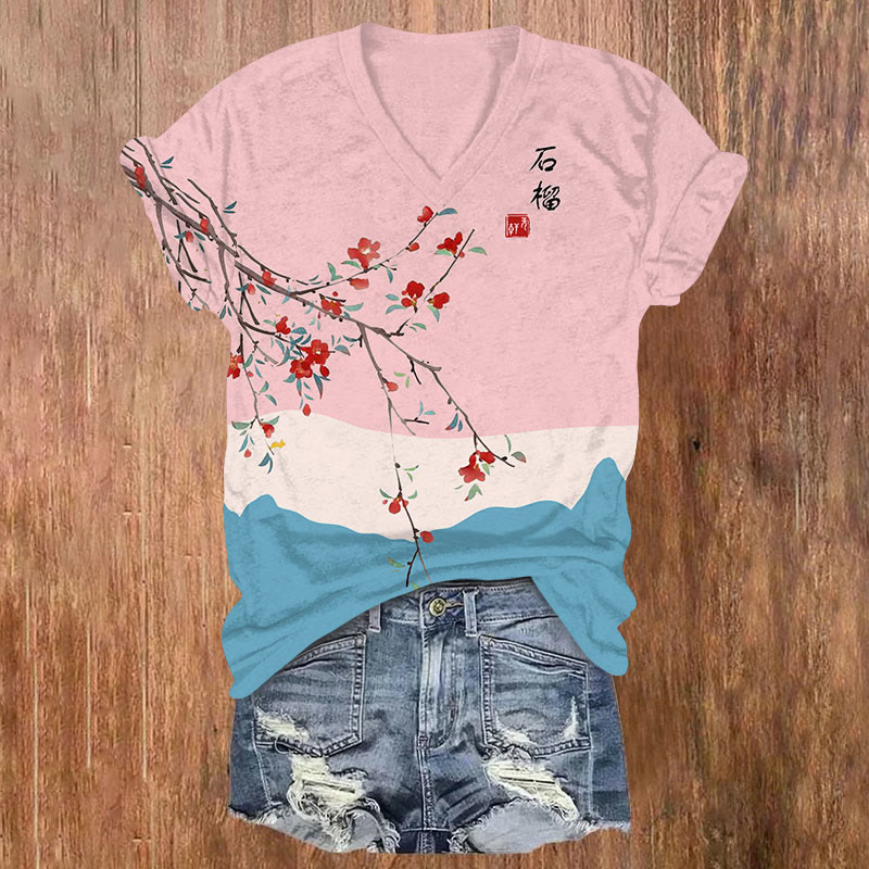 Japanese Vintage Pomegranate Blossoms Art Print V-neck T-shirt - Purple - US32-34(5XL) - image 1