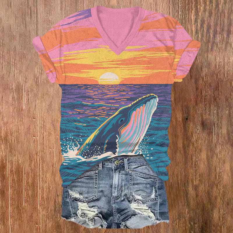 Vintage Sunset Sea & Whale Art Print V-neck T-shirt - Multicolor - US32-34(5XL) - image 1