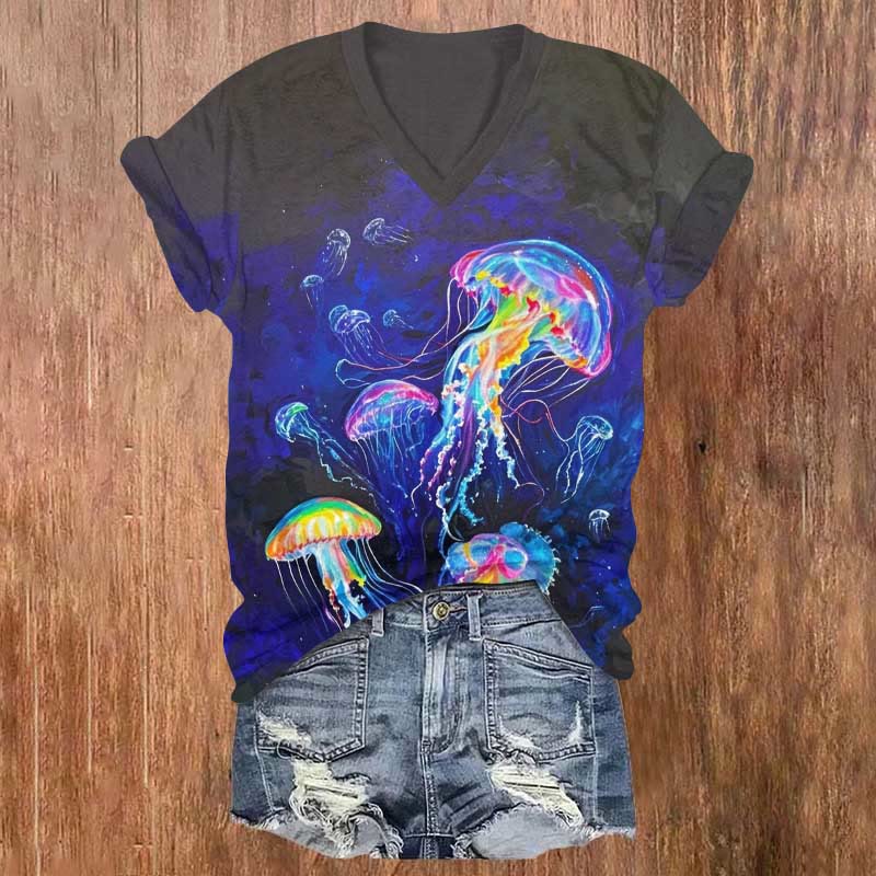 Fantasy Rainbow Jellyfish Swarm Art Print V-neck T-shirt - Royal Blue - US32-34(5XL) - image 1