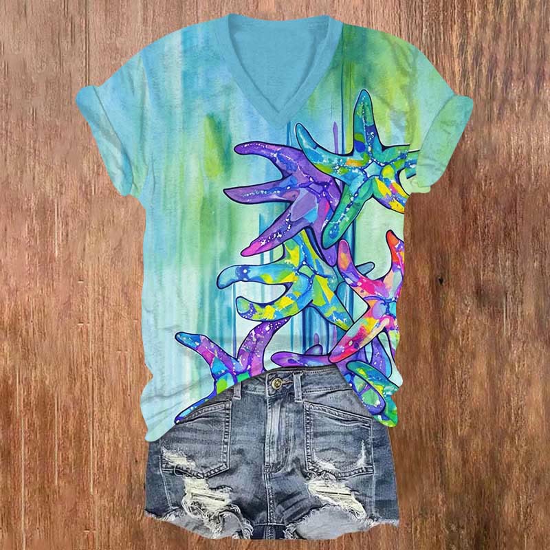 Funny Ocean Rainbow Starfish Art Print V-neck T-shirt - Blue - US32-34(5XL) - image 1