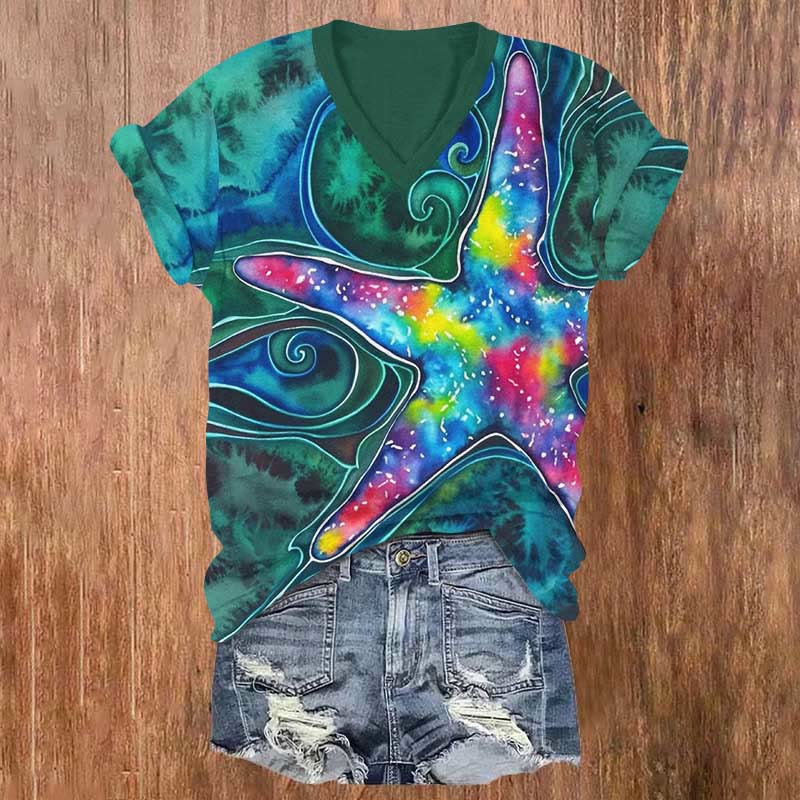 Vintage Fantasy Rainbow Starfish Art Print V-neck T-shirt - Olive Green - US32-34(5XL) - image 1