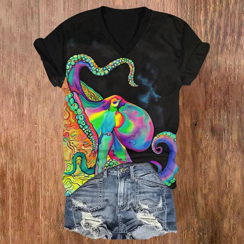 Fantasy Rainbow Octopus Under Night Sky Art Print V-neck T-shirt - Black - US32-34(5XL) - image 1