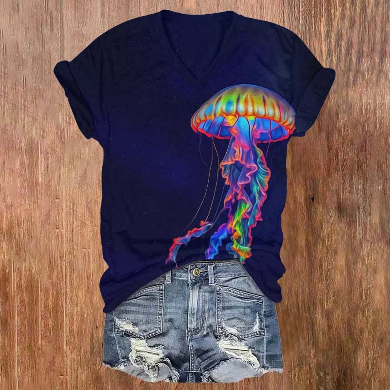 Ombre Fantasy Jellyfish Art Print V-neck T-shirt - Navy Blue - US32-34(5XL) - image 1