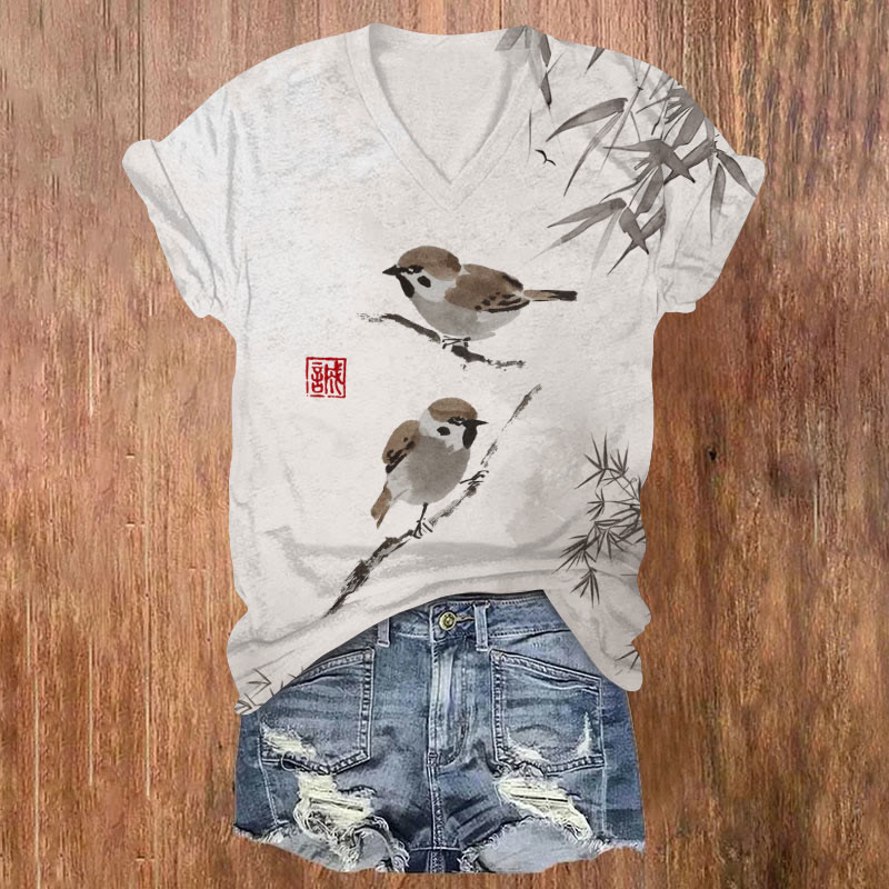 Japanese Vintage Birds & Bamboo Art Print T-shirt - Light Gray - US32-34(5XL) - image 1