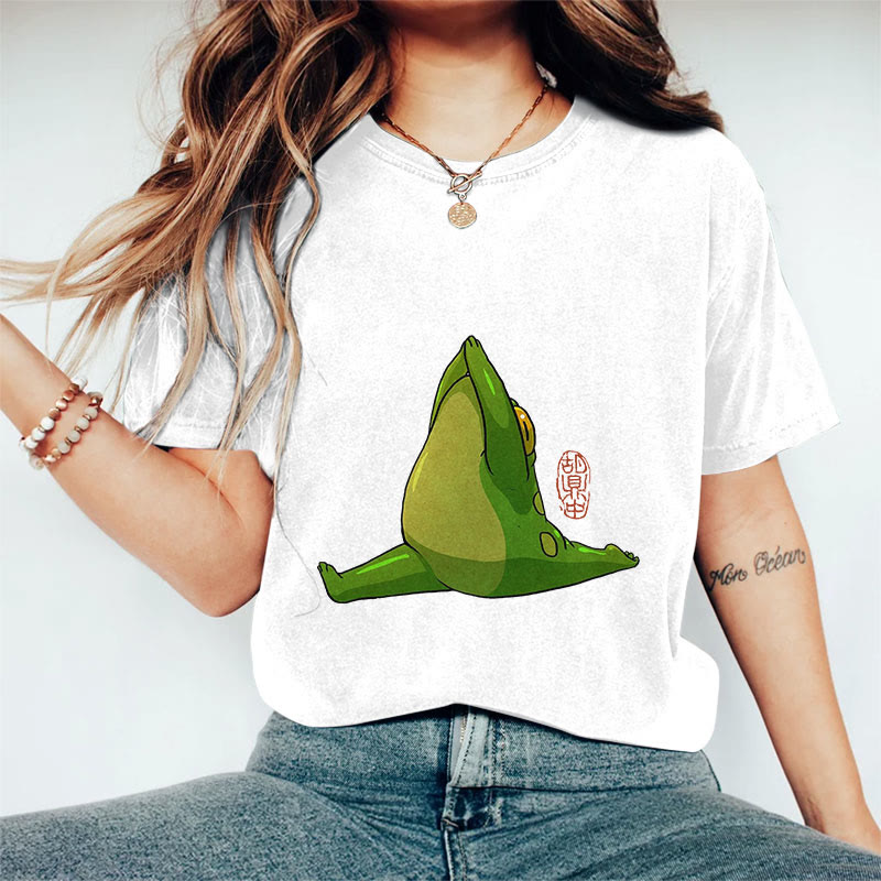 100% Cotton Funny Frog Doing Yoga Art Print Casual T-shirt - White - 2XL - image 1