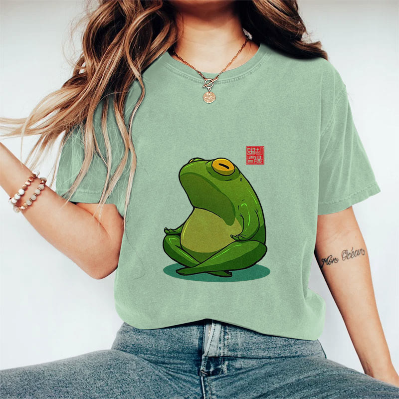 100% Cotton Frog Meditation Art Print Casual T-shirt - Light Green - 2XL - image 6