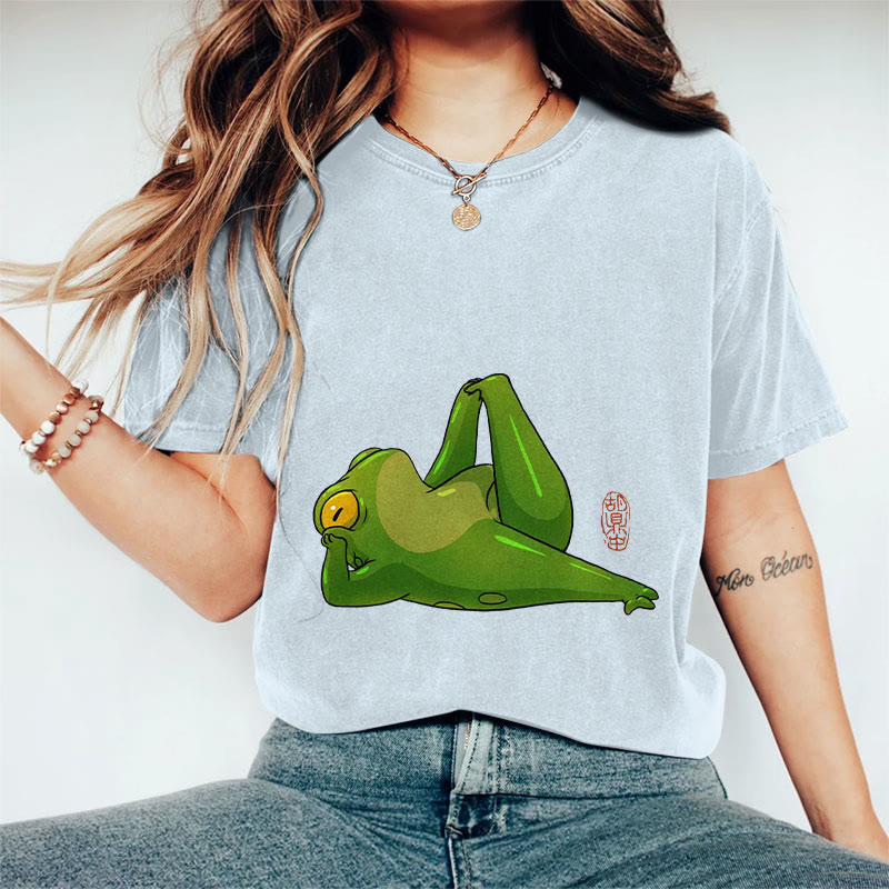 100% Cotton Frog Doing Yoga Art Print Casual T-shirt - Blue - 2XL - image 1