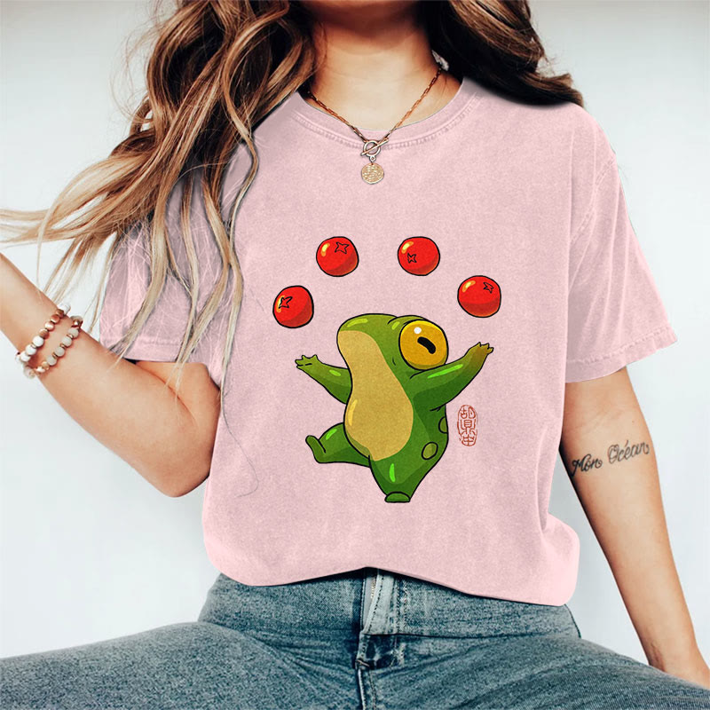 100% Cotton Funny Frog Art Print Casual T-shirt - Pink - 2XL - image 1