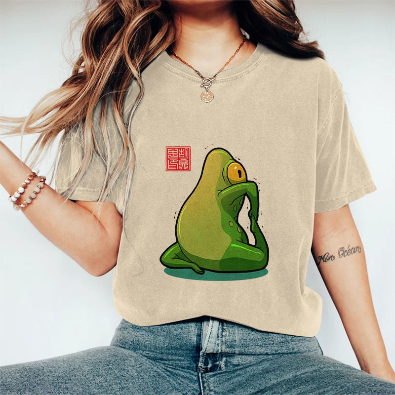 100% Cotton Funny Frog Yoga Art Print Casual T-shirt - Apricot - 2XL - image 4