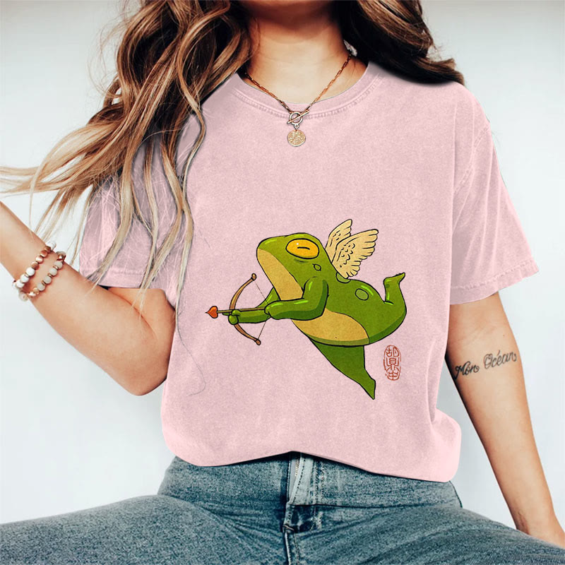 100% Cotton Funny Frog Cupid Art Print Casual T-shirt - Pink - 2XL - image 1