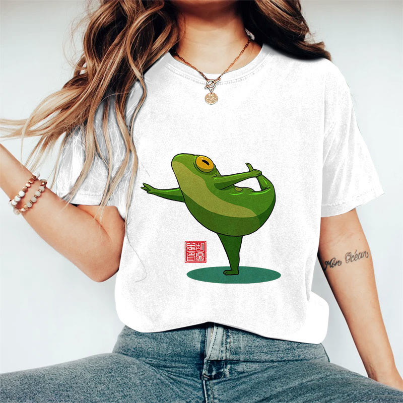 100% Cotton Funny Frog Yoga Art Print Casual T-shirt - White - 2XL - image 1