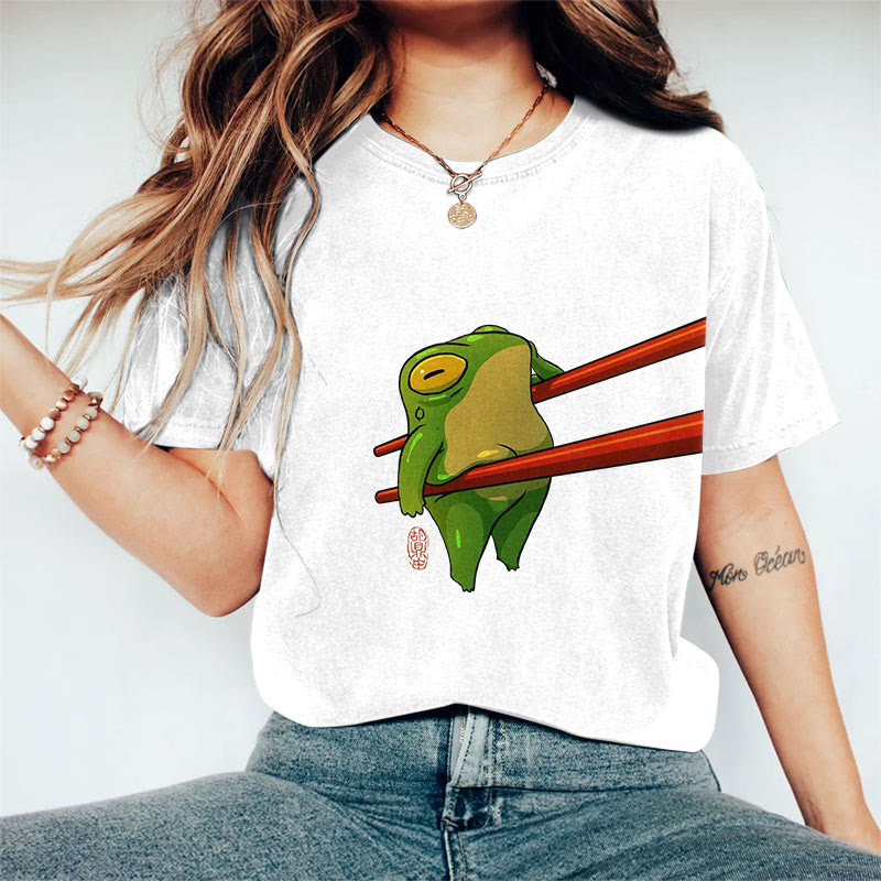 100% Cotton Funny Chopsticks Frog Art Print Casual T-shirt - White - 2XL - image 1