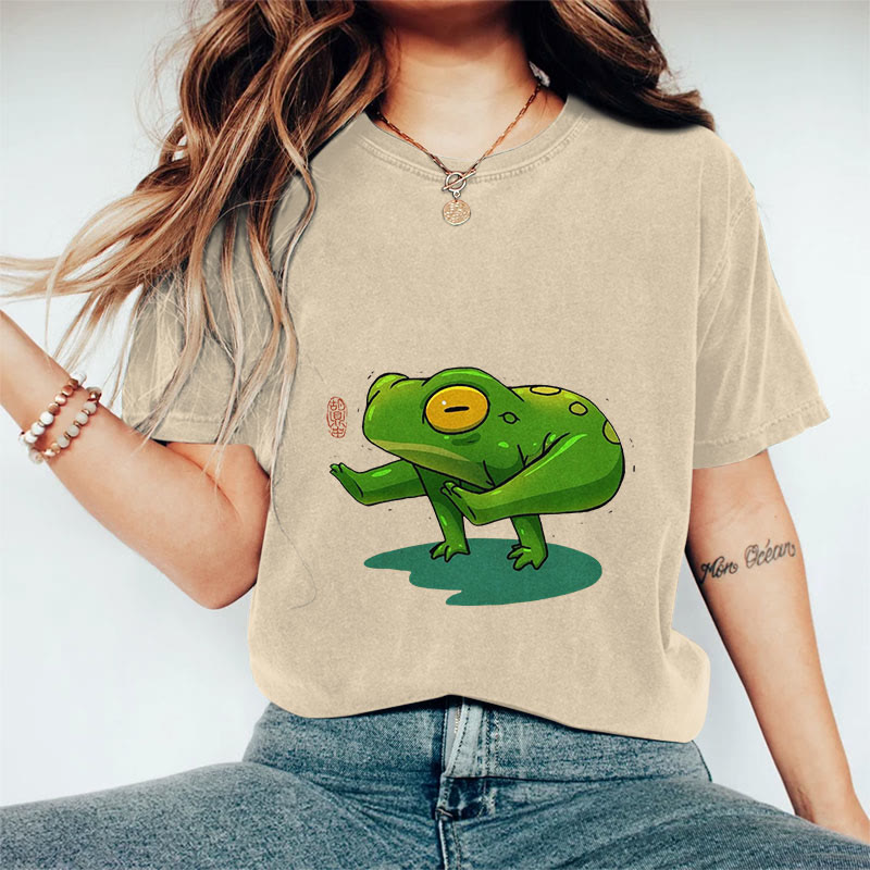 100% Cotton Funny Frog Yoga Art Print Casual T-shirt - Apricot - 2XL - image 1