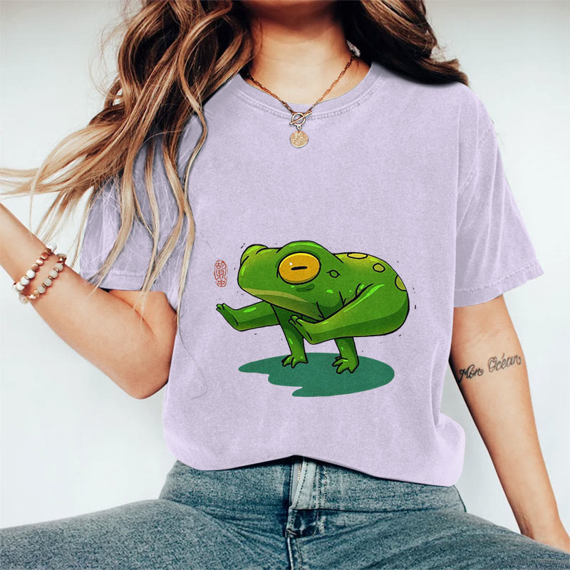 100% Cotton Funny Frog Yoga Art Print Casual T-shirt - Purple - 2XL - image 9