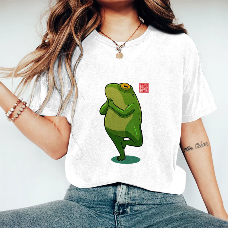 100% Cotton Funny Frog Yoga Art Print Casual T-shirt - White - 2XL - image 1