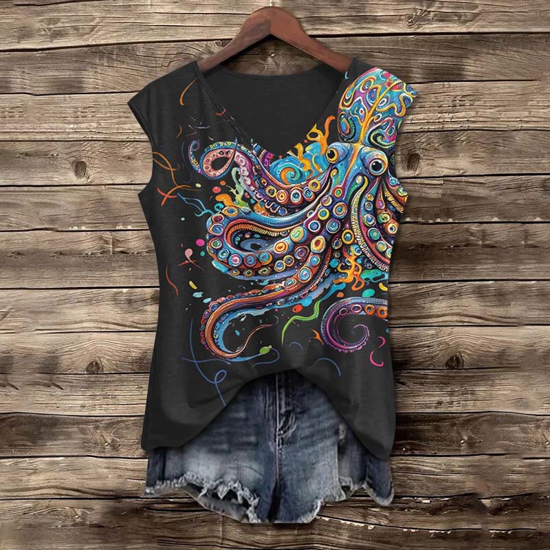 Vintage Rainbow Octopus Art Print V-neck Tank Top - Black - 5XL - image 2