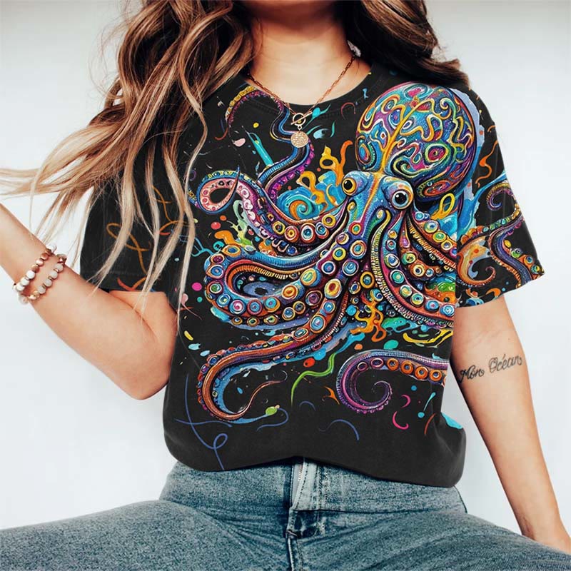 Vintage Rainbow Octopus Art Print Casaul T-shirt - Black - US44-46(8XL) - image 2