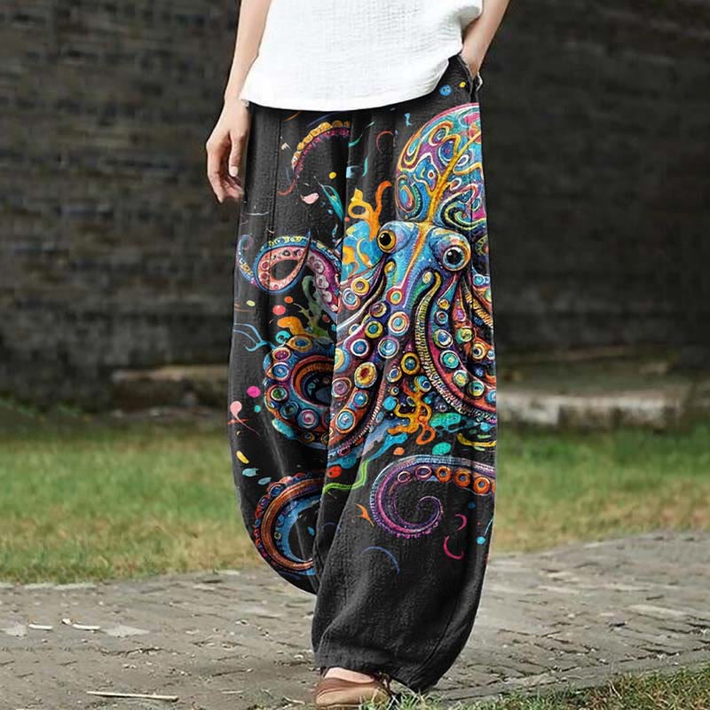 Vintage Rainbow Octopus Art Print Casual Pants - Black - US18(5XL) - image 2