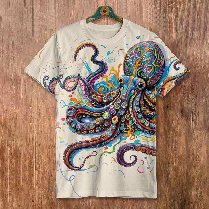 Vintage Rainbow Octopus Art Print Men's Casual T-shirt - Beige - 8XL - image 1