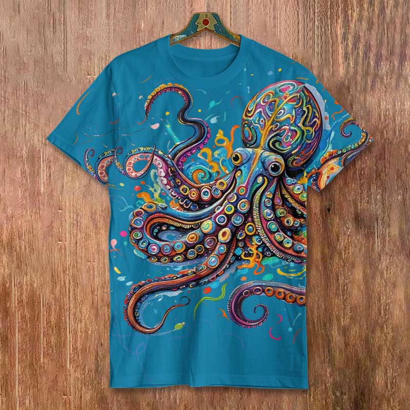 Vintage Rainbow Octopus Art Print Men's Casual T-shirt - Lake Blue - 8XL - image 7