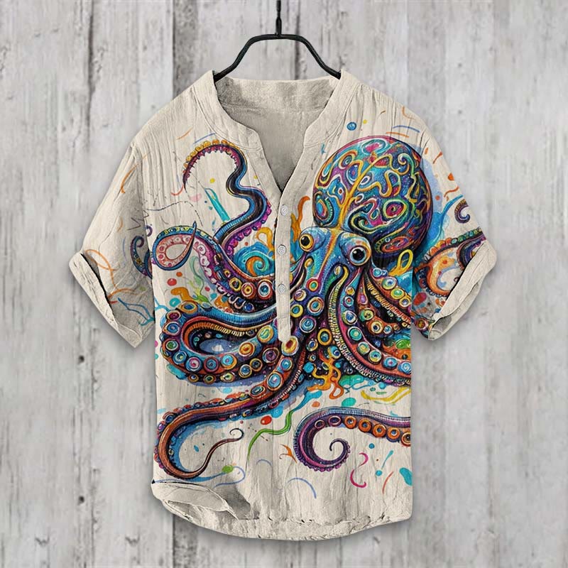 Vintage Rainbow Octopus Art Print Shirt - Beige - 5XL - image 1