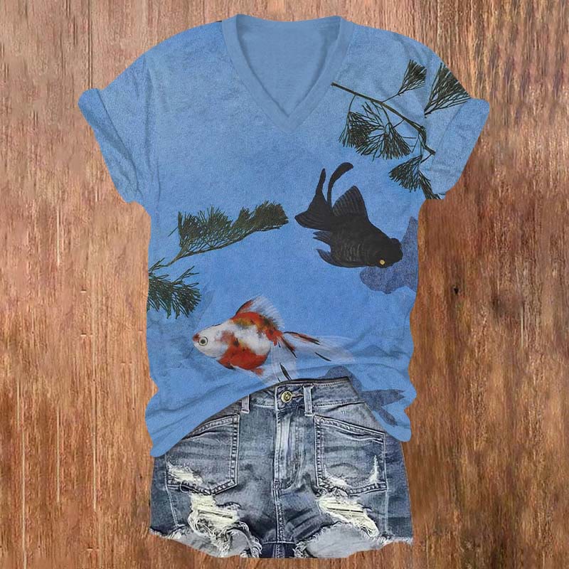 Watercolor Goldfish & Willow Art Print V-neck T-shirt - Blue - US32-34(5XL) - image 2