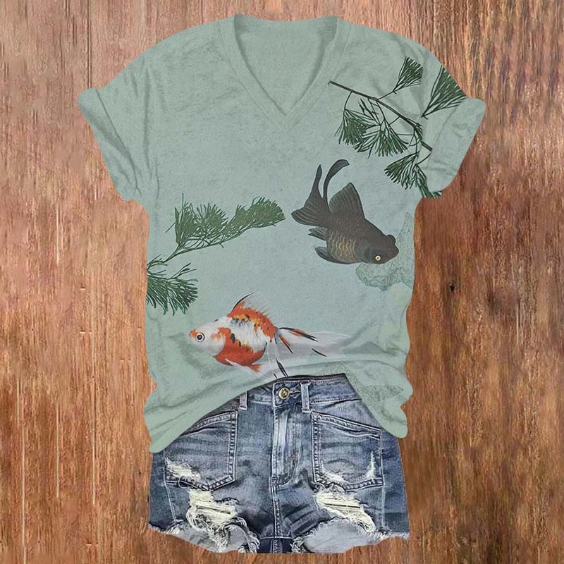 Watercolor Goldfish & Willow Art Print V-neck T-shirt - Green - US32-34(5XL) - image 1