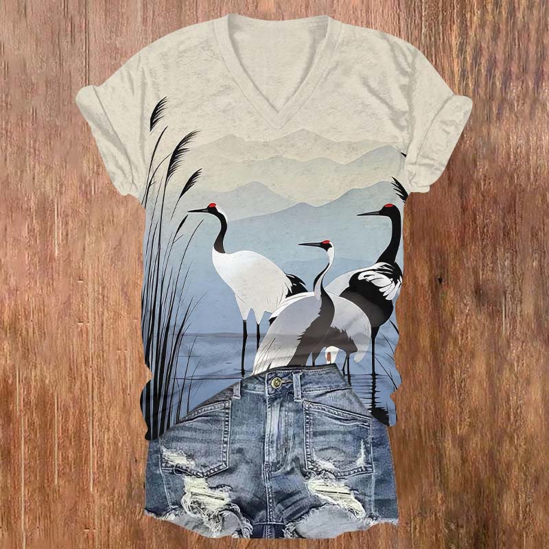 Vintage Vivid Crane & Mountain& Reed Print V-neck T-shirt - Apricot - US32-34(5XL) - image 1